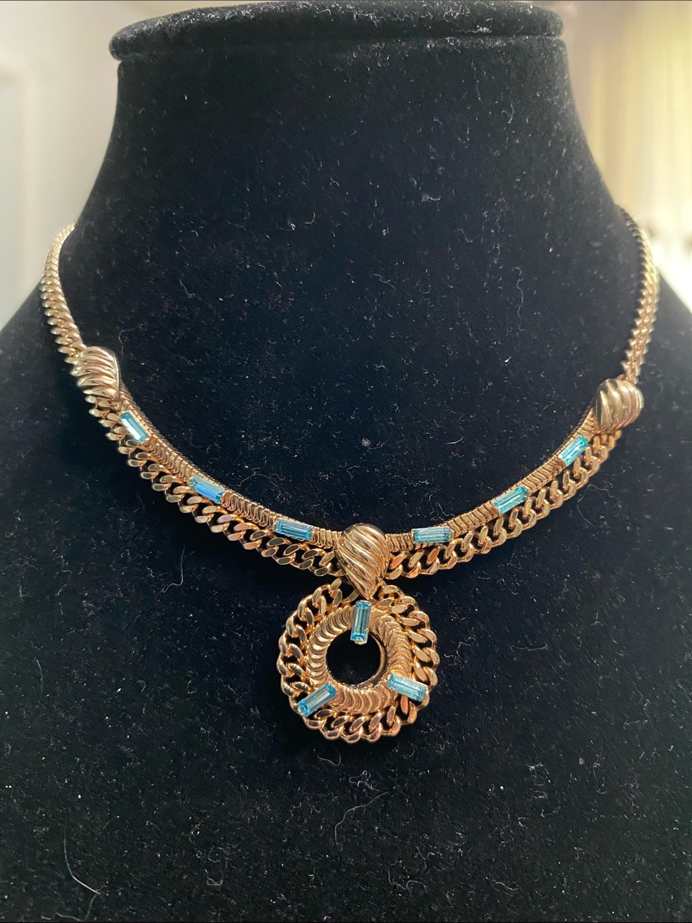 VTG Gold Necklace with Blue Accent Baguette Crystals